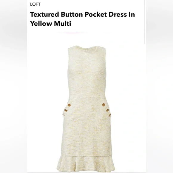 LOFT Dress Tweed Flounce Pocket Gold Button Sailor Knit Textured - Picture 4 of 4